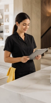 Dustify cleaner reviewing a quote on a tablet in a modern home
